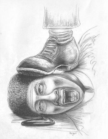 Foot pressing down on a person's face; person with open mouth, crying out in anguish.