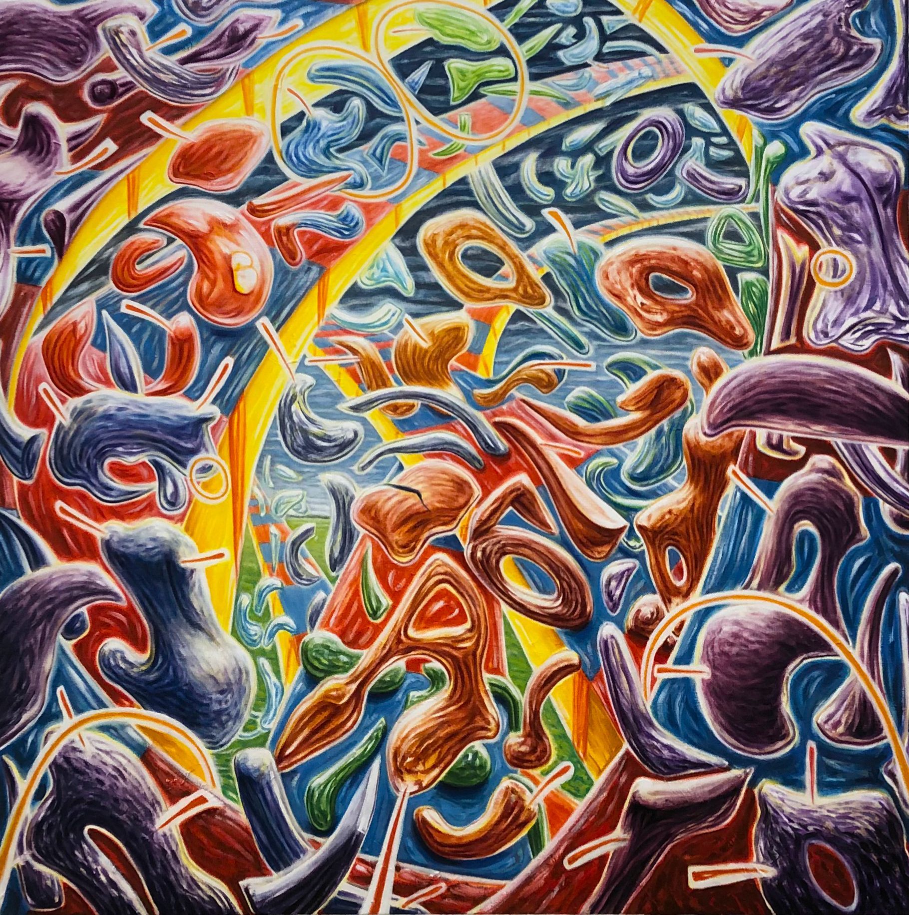 Abstract colorful painting of swirling orange, purple, and blue organic shapes with a bright yellow arc