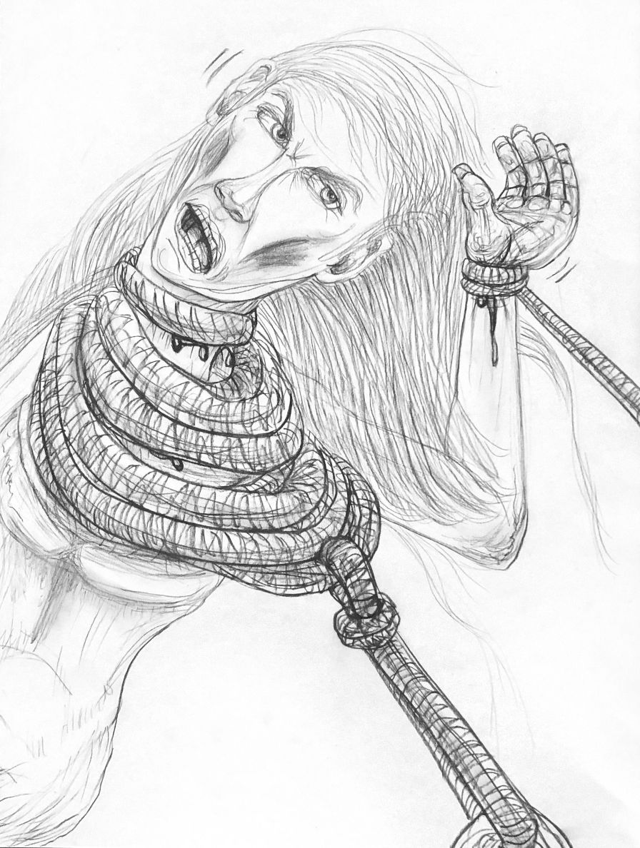 Distressed figure with a neck wound and robotic arm, head tilted back, blood present.