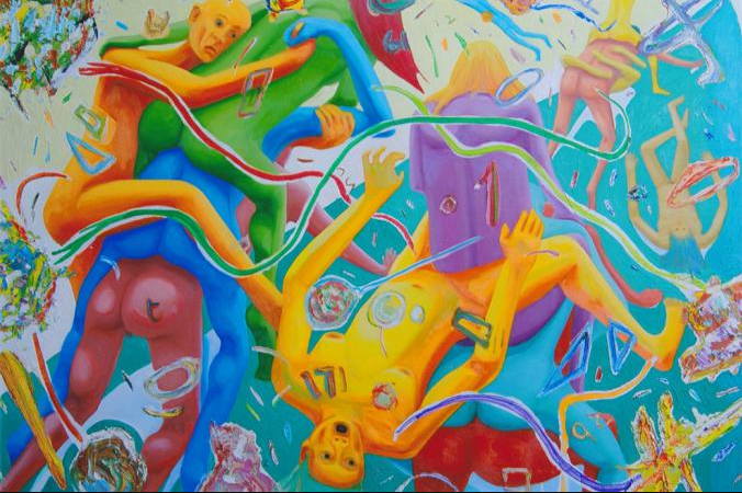 Abstract painting: figures in blues, yellows, and greens intertwine, with swirling ribbons and bright splashes.