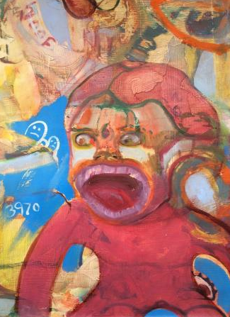 Abstract painting of a red figure with a wide-open mouth, blue background, and layered faces above.
