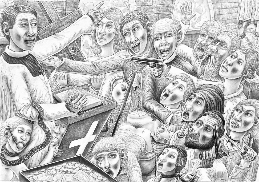 Crowded black-and-white sketch of joyful people gathered around a coffin with a cross, celebrating or mourning together
