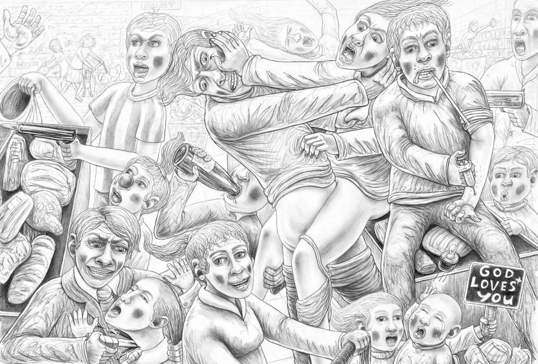 Crowded grayscale sketch of people dancing and posing, with a chalkboard reading “LOVE IS LOVE”