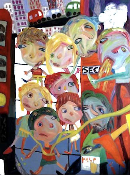 Brightly colored painting of cartoonish people in a city. Some look distressed, bus visible.