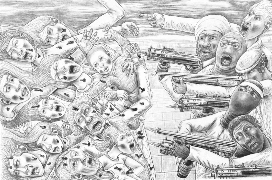 Black-and-white sketch of armed soldiers aiming guns at a cluster of frightened faces floating in a chaotic scene