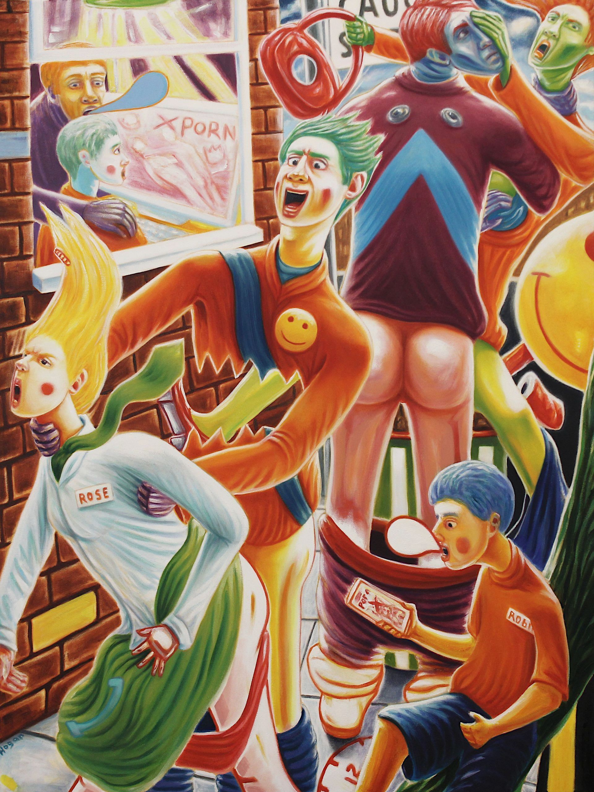 Street scene with cartoon figures; some with exposed body parts. Bright colors, chaotic expressions, storefront in background.