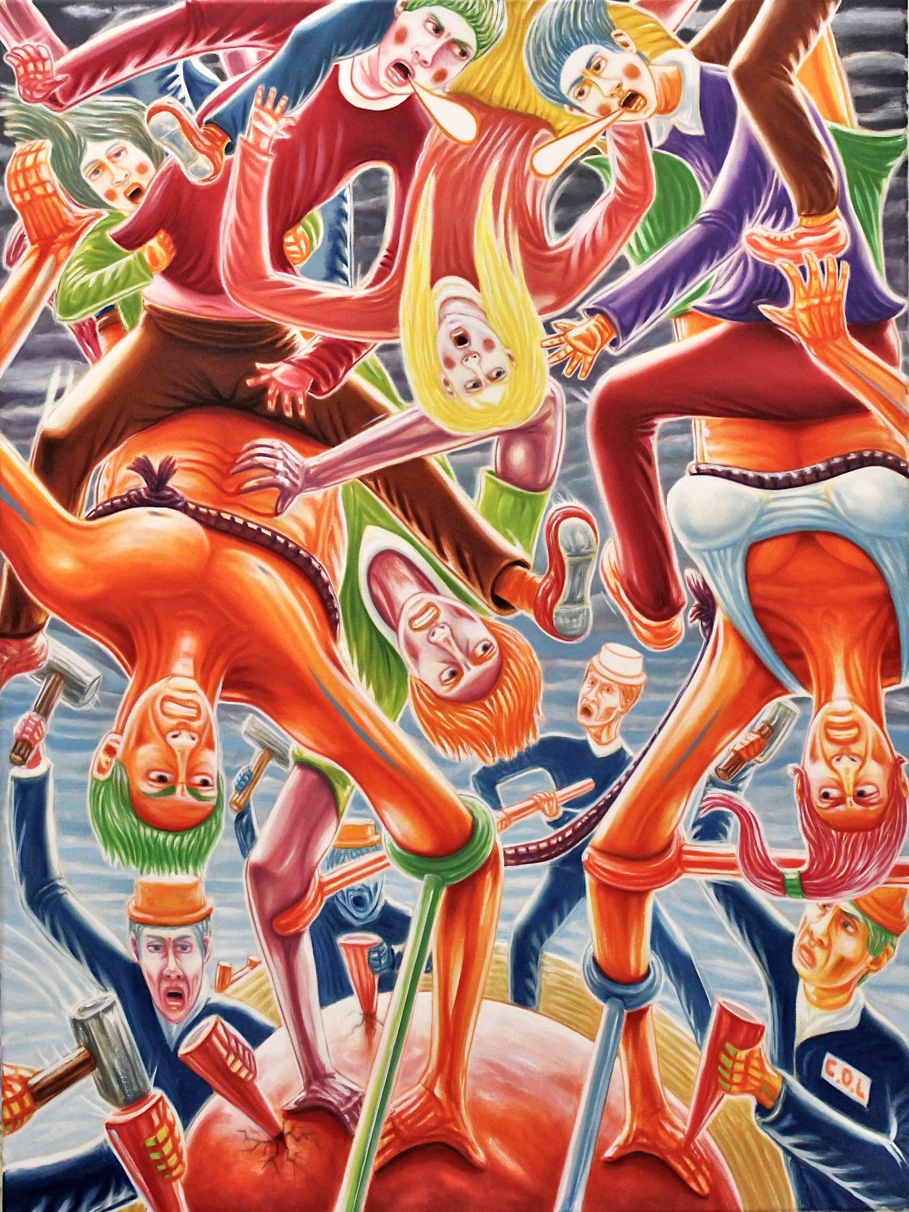 People upside down around a red apple, colorful clothing, distorted faces, reaching.