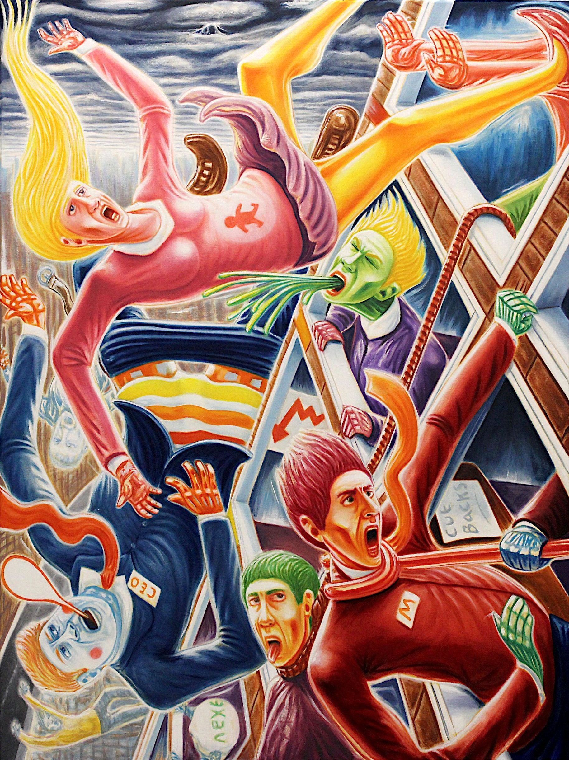 Surreal scene of figures falling, interacting with distorted, geometric shapes. Vibrant colors, emotive expressions, dynamic poses.