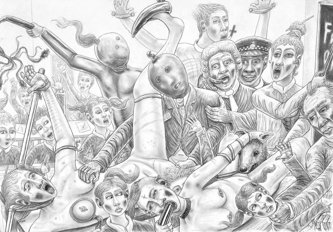 Dense pencil sketch of a crowd of expressive faces and raised arms around a central figure