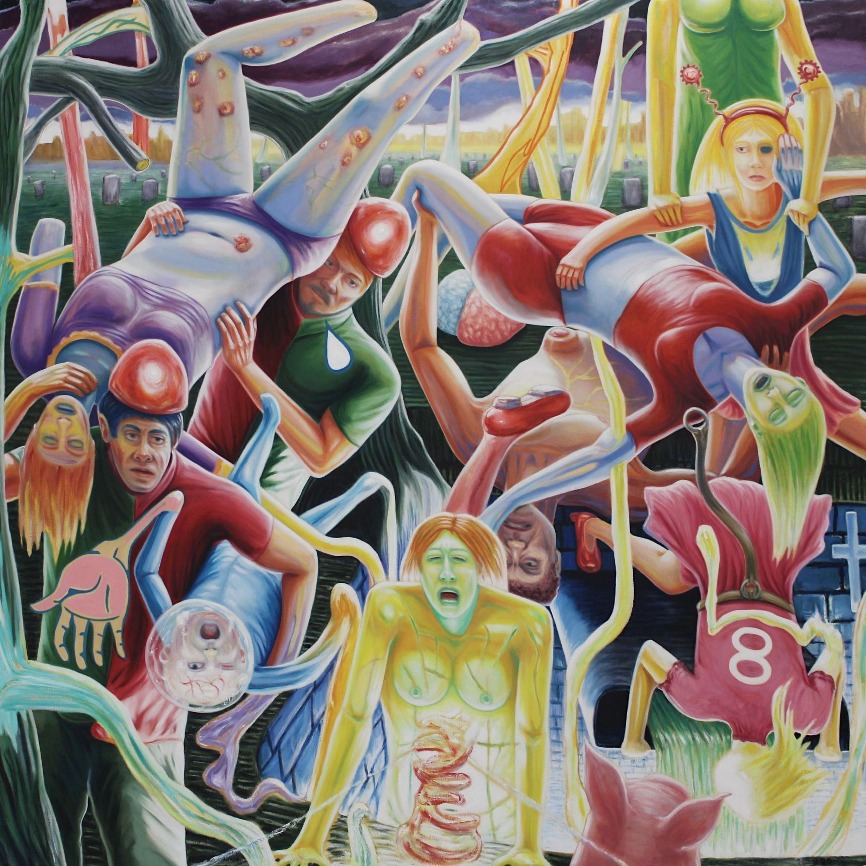 Figures entangled in tree branches. Upside down figures with surreal expressions. Dark colors, with flashes of vibrant hues.