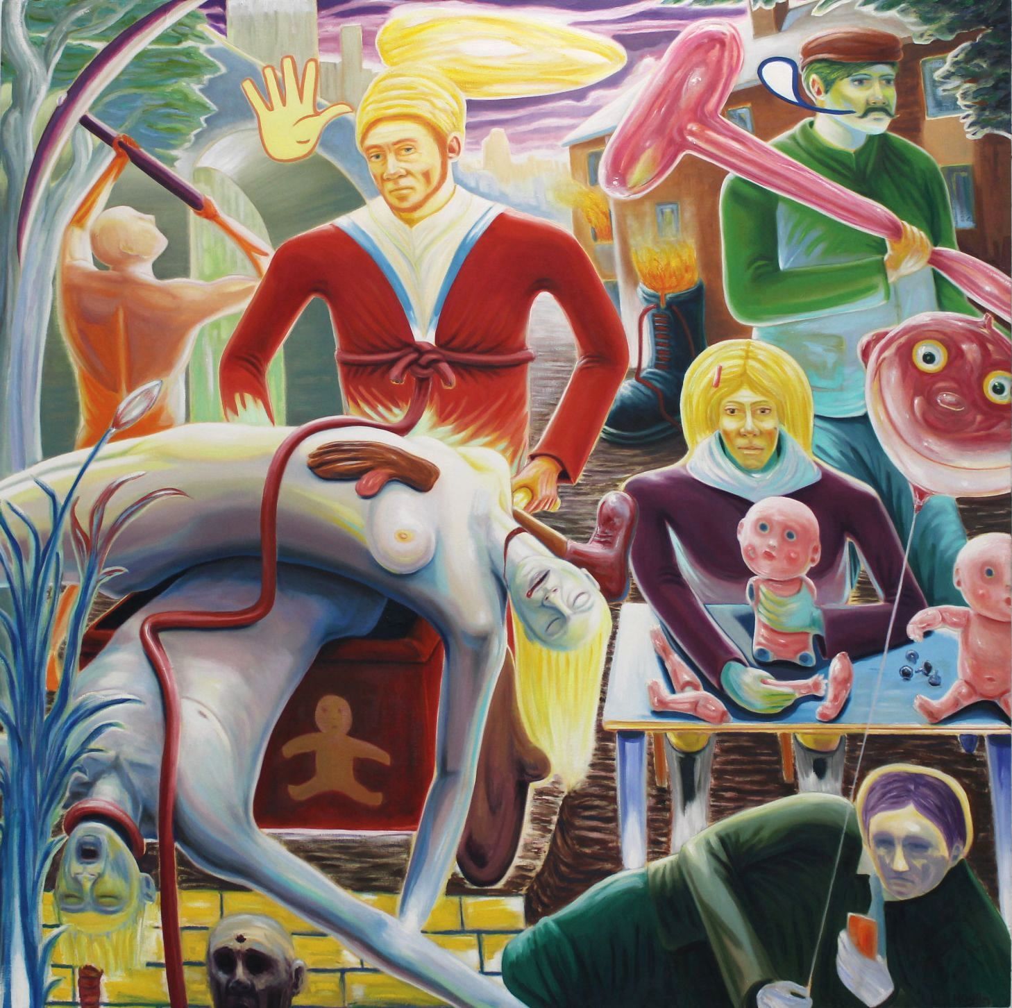 Surreal painting of figures. Pale nude figure falls near a brick wall, people interact with pink and red objects.
