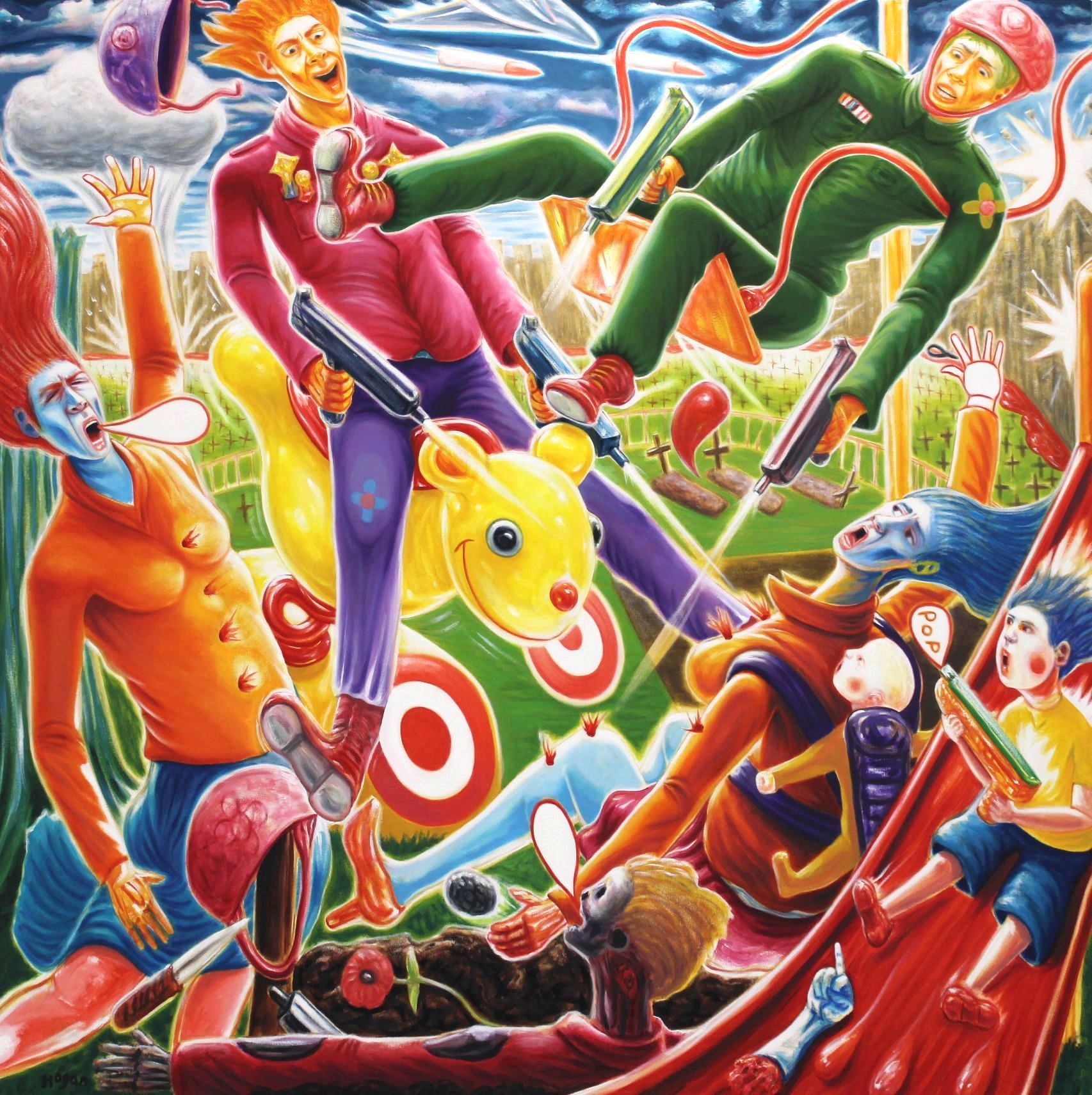Chaotic playground scene: Figures with exaggerated features fight with toy guns amid a red slide and a yellow animal toy.