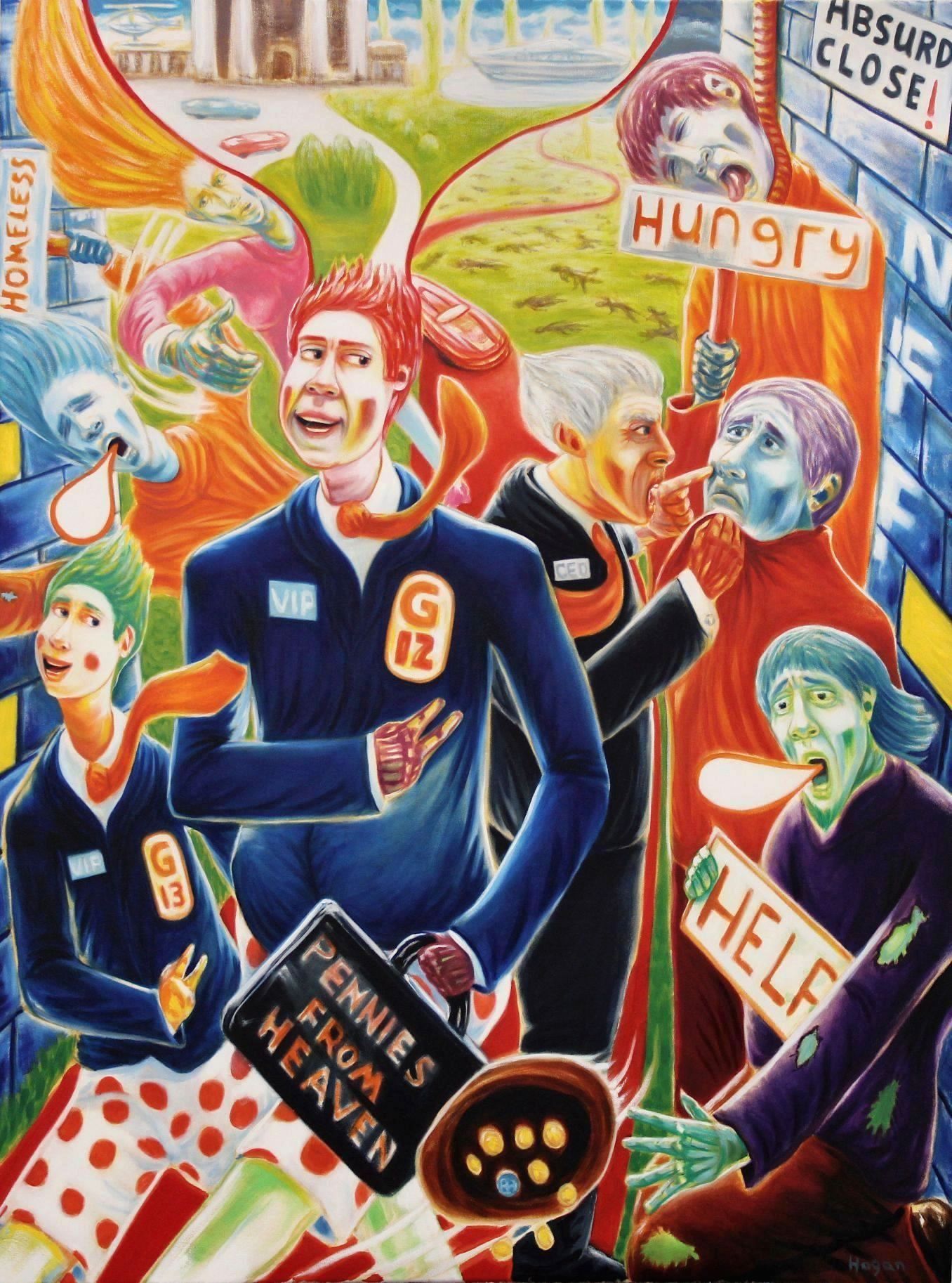 A surreal painting depicting figures with labels like 