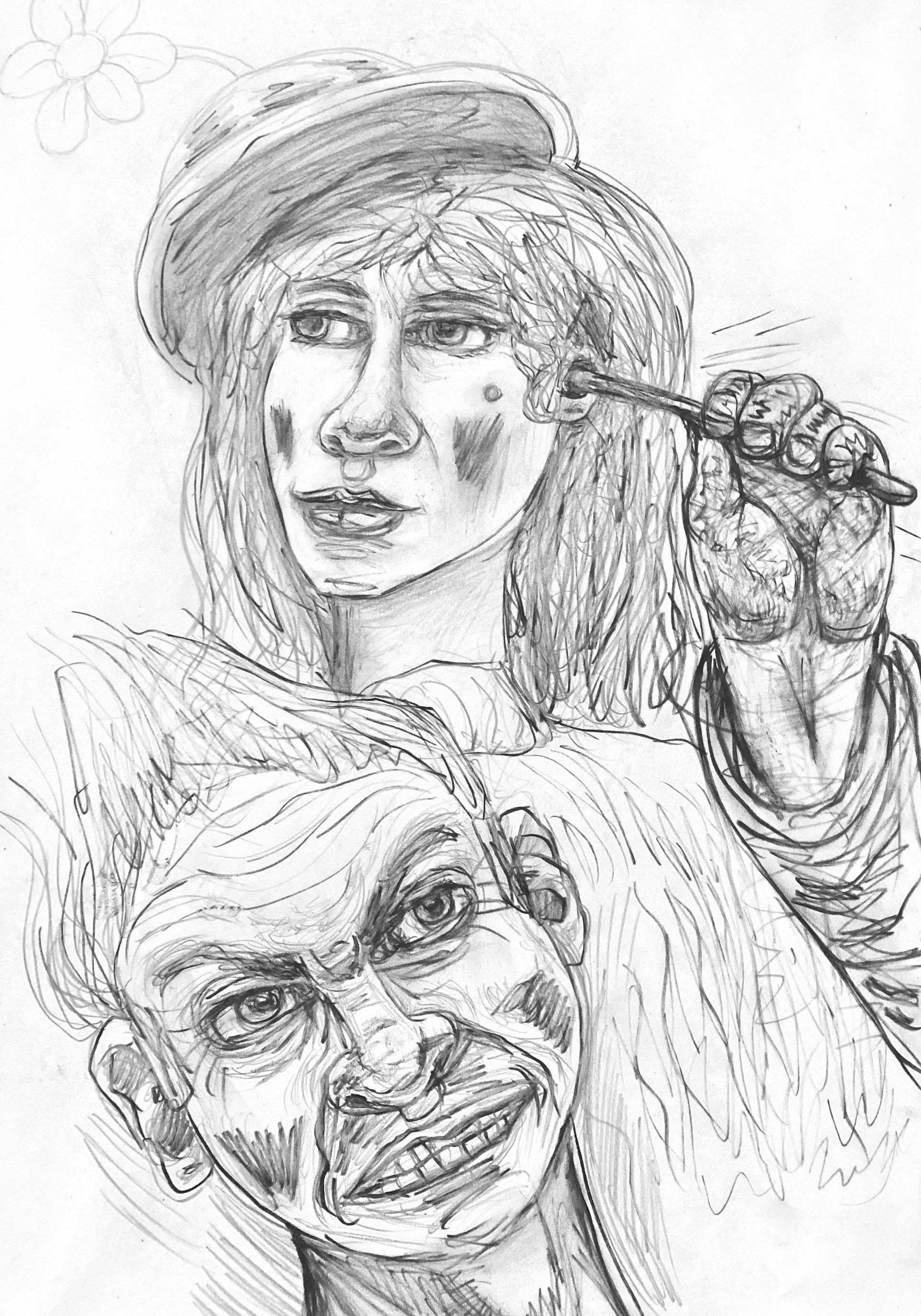 Person in hat applying makeup to a face below; both have exaggerated expressions.