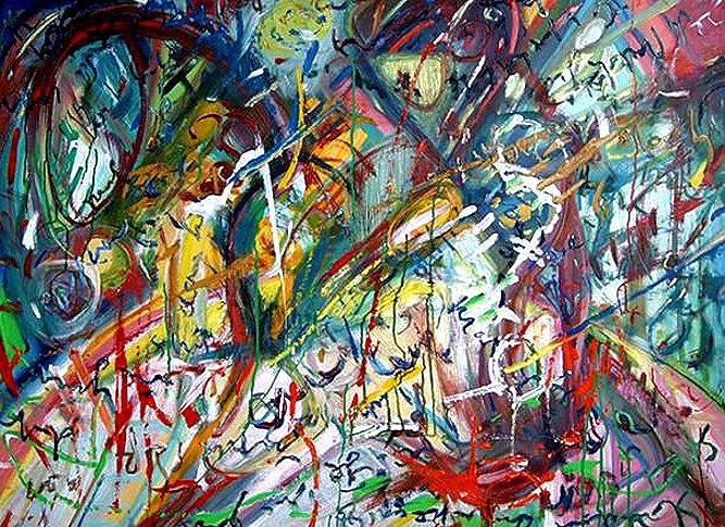 Abstract expressionist painting, swirling vibrant colors with brushstrokes and splatters.