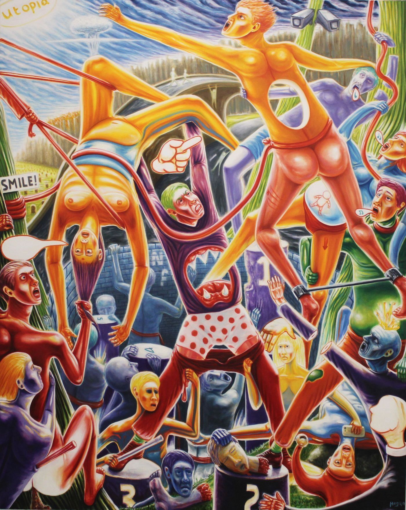 Surreal painting: figures in various positions, some connected by red lines. Colorful, chaotic scene; buildings in background.