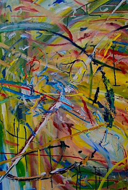 Abstract colorful painting with overlapping blue, yellow, red, and black brushstrokes