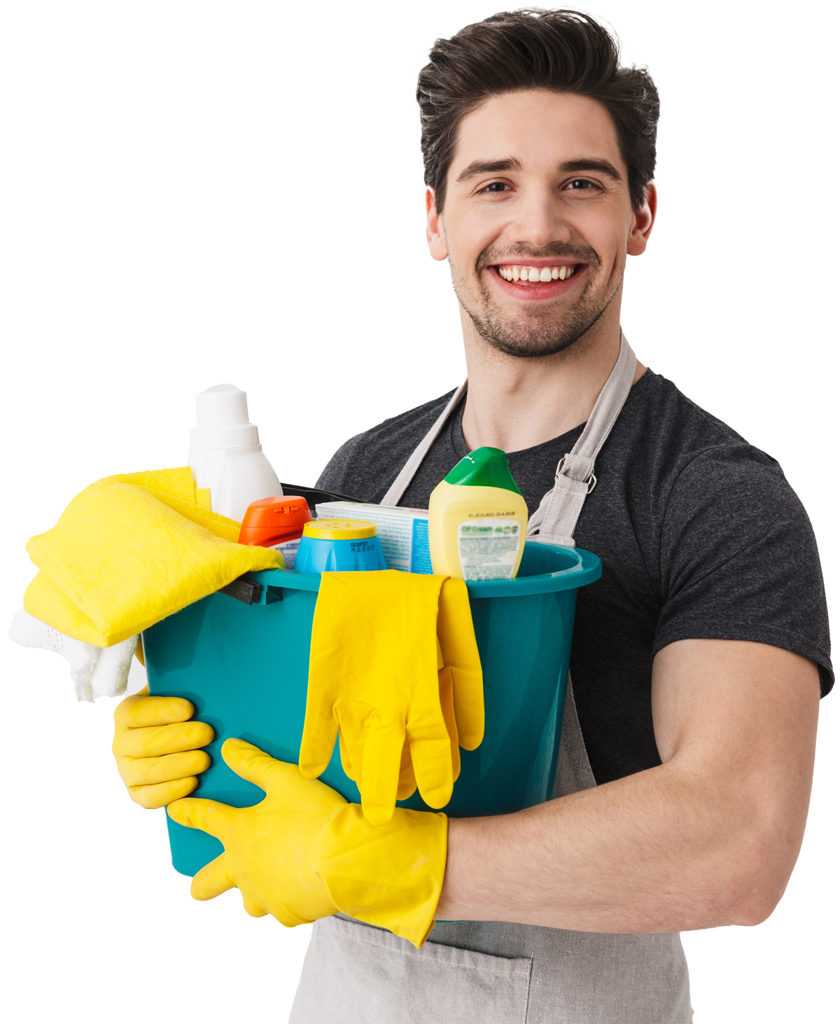 A man wearing yellow gloves is holding a bucket of cleaning supplies.