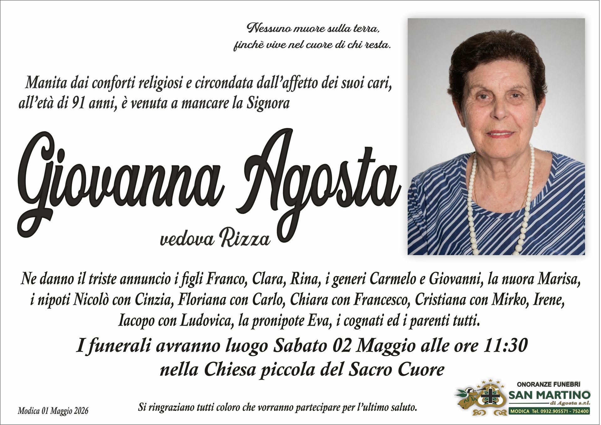 necrologio Giovanna Agosta