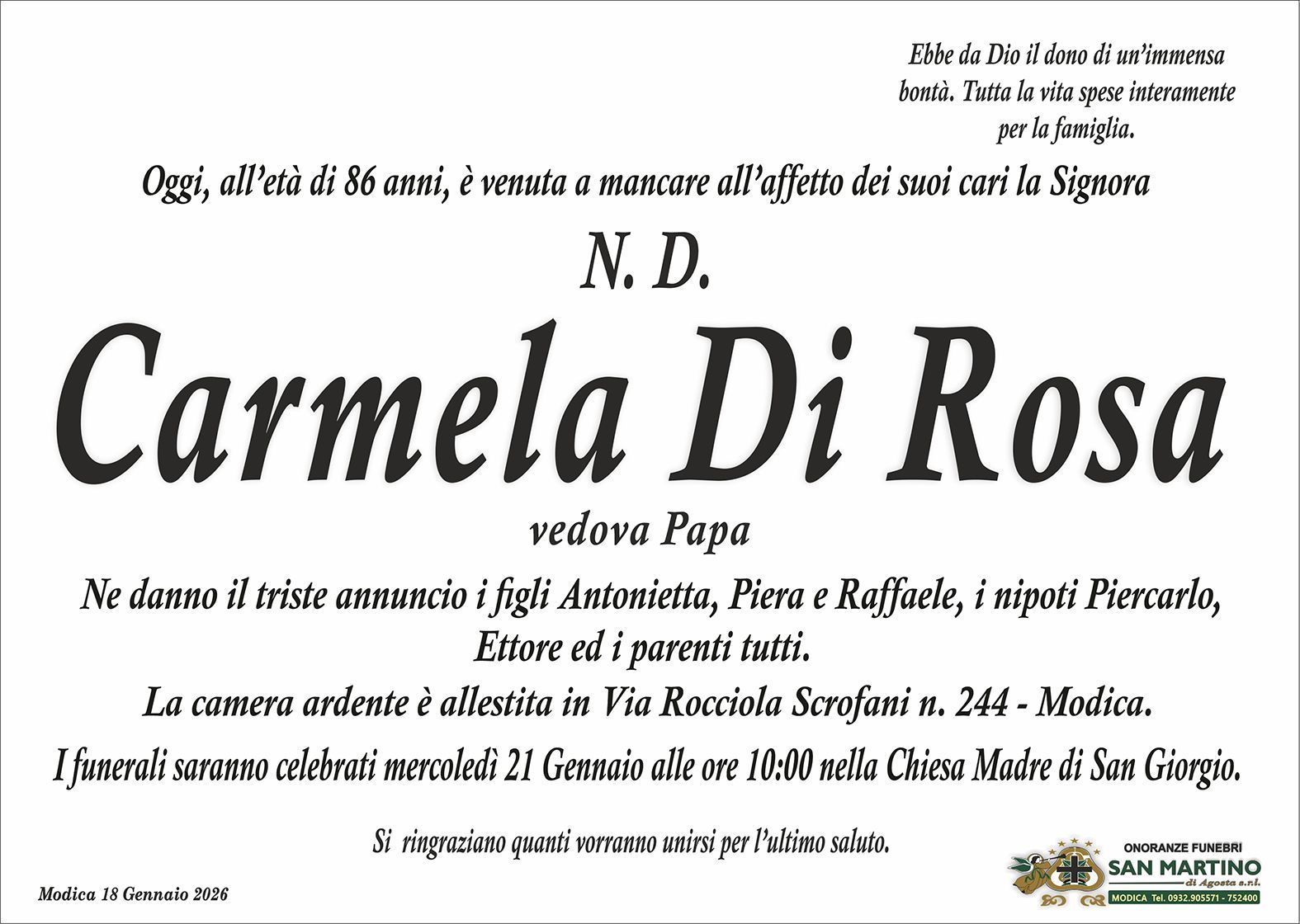 necrologio Carmela Di Rosa