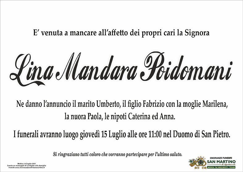 necrologio Lina Mandara Poidomani