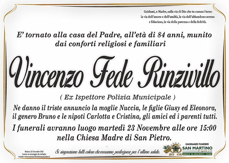 necrologio Vincenzo Fede Rinzivillo