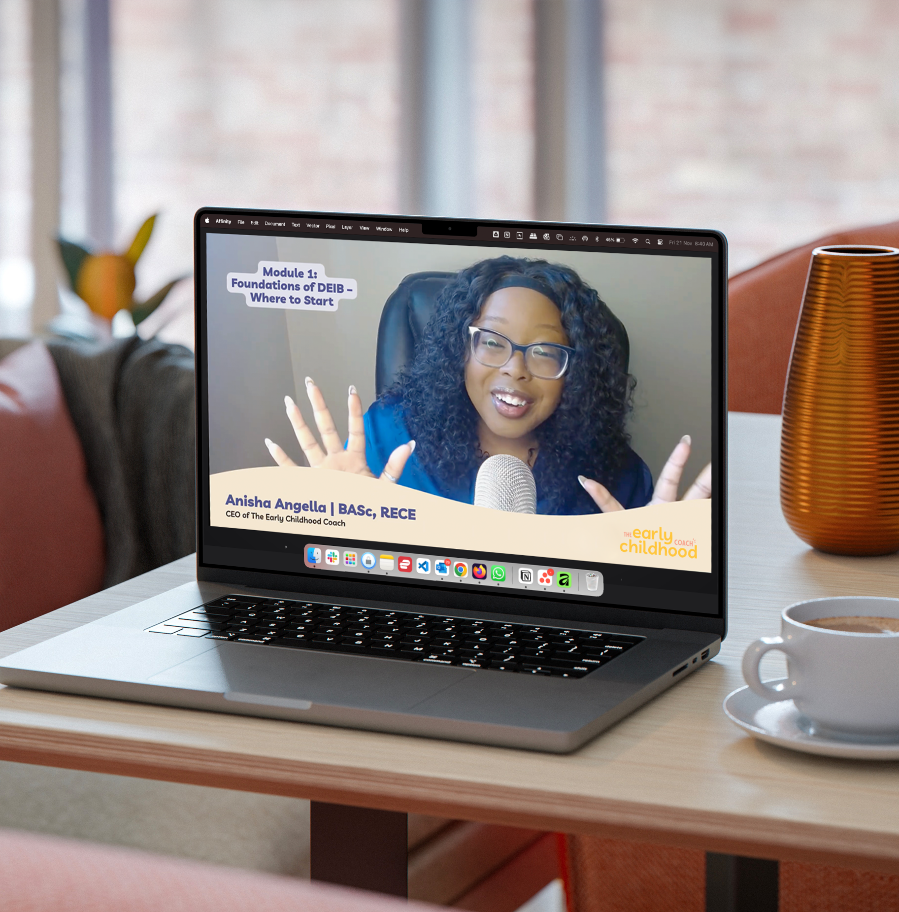 Mock up of a live module with Anisha Angella showed on a Laptop