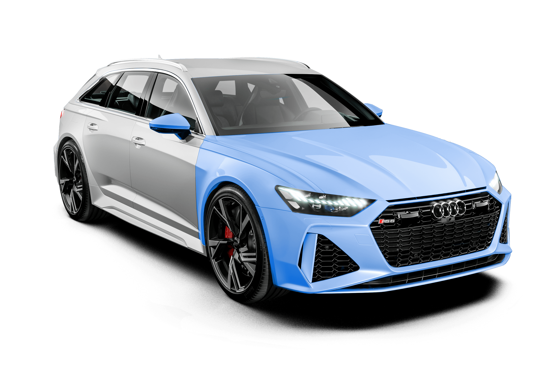 Audi RS6 Avant car in two-tone blue and silver, angled front view against white background.