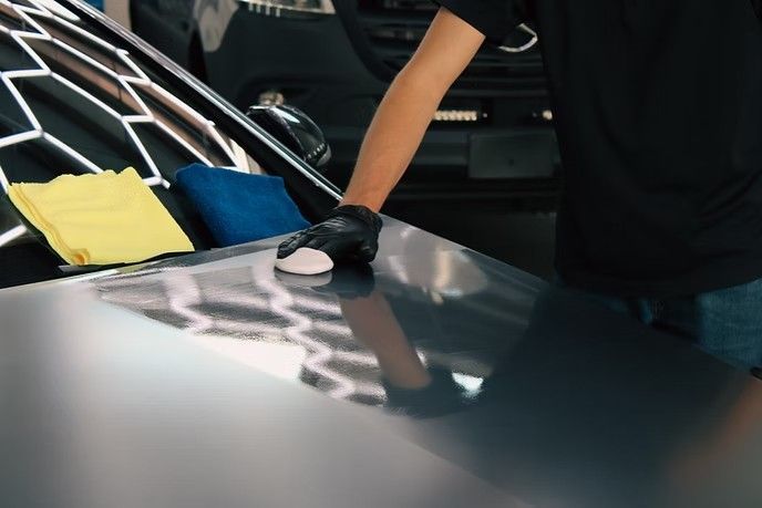 A gloved hand applies a ceramic coating to the hood of a car, with yellow and blue cloths resting nearby.