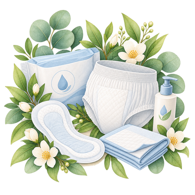 Babyartikel mit weißen Windeln, Feuchttüchern, Lotion und grünen Blättern, verziert mit weißen Blüten