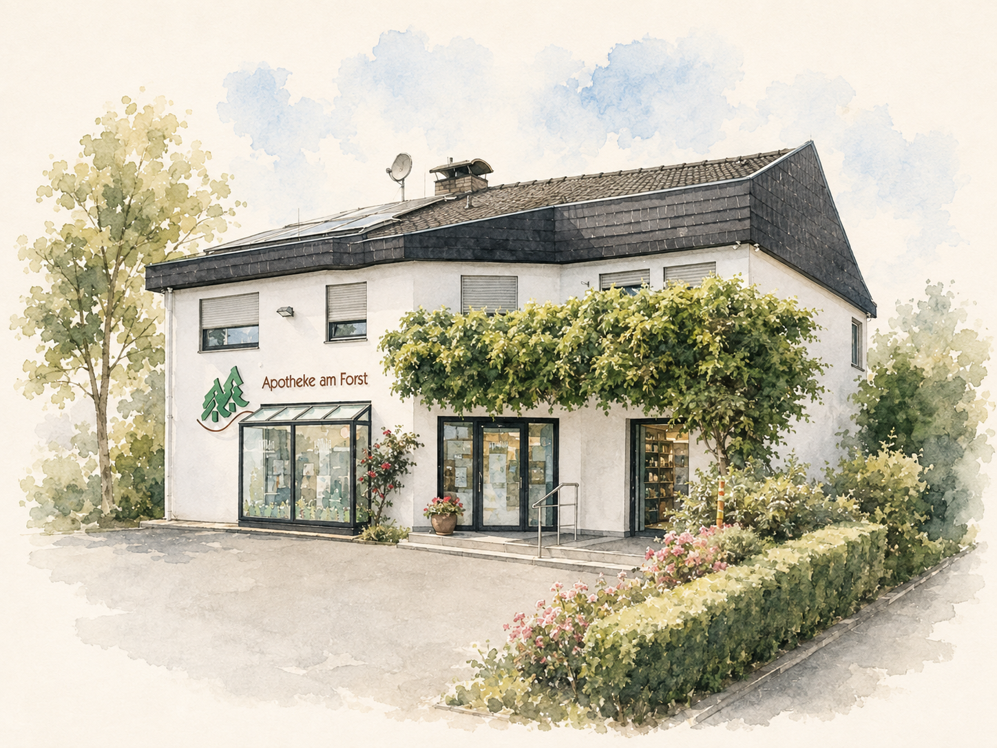 Schaufenster im Aquarellstil mit weißen Wänden, dunklem Dach, Grünpflanzen und einem gläsernen Eingang in einer ruhigen Straße.