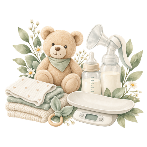 Baby-Basics mit Teddybär, Fläschchen, Lätzchen, Decke, Schnuller und Waage in sanften Pastelltönen