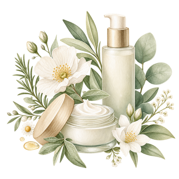 Elegantes botanisches Hautpflegeset mit Cremetiegel und Pumpspender zwischen weißen Blüten und grünen Blättern