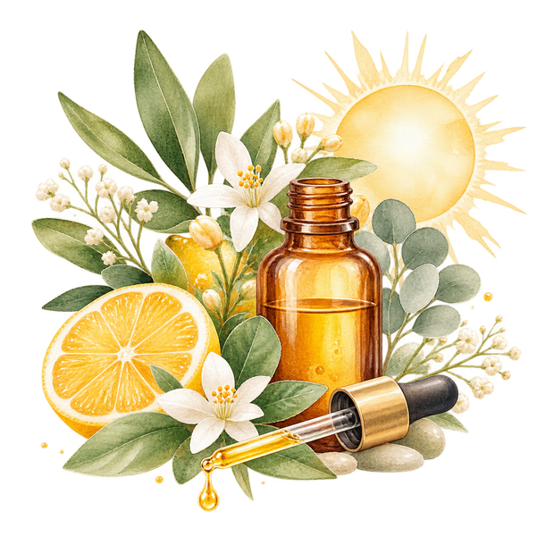 Flasche mit ätherischem Öl, verziert mit Zitrusscheiben, Blättern, Blüten, Sonne und Pipette auf weißem Hintergrund