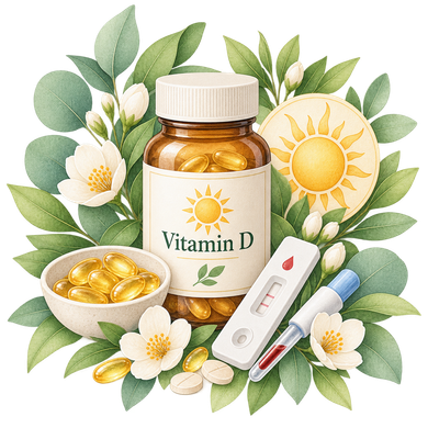 Vitamin-D-Präparatflasche mit Kapseln, Thermometer und Sonnensymbol, umgeben von grünen Blättern und weißen Blüten