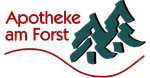 Logo f&uuml;r Apotheke am Forst mit dunkelgr&uuml;nen Kiefern und einer roten, geschwungenen Linie auf wei&szlig;em Hintergrund