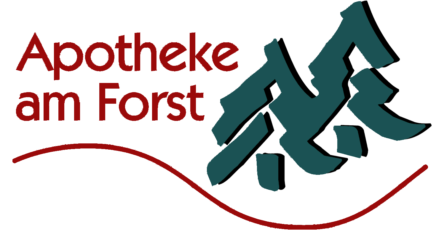 Logo für Apotheke am Forst mit dunkelgrünen Kiefern und einer roten, geschwungenen Linie auf weißem Hintergrund