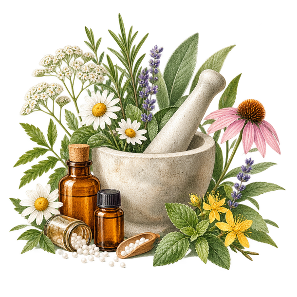 Kräutermörser und Stößel mit Blüten, Blättern und bernsteinfarbenen Fläschchen für ätherische Öle