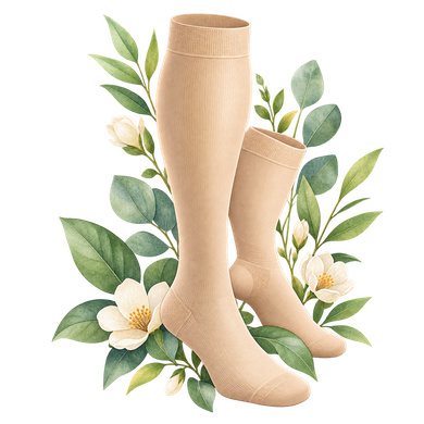 Beige Kompressionsstrümpfe mit dekorativem Arrangement aus grünen Blättern und weißen Blüten