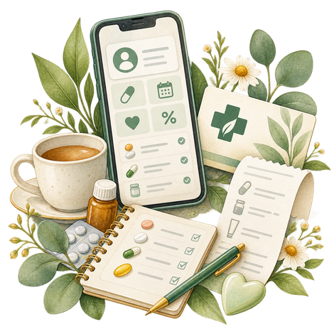 Schreibtisch für ganzheitliche Gesundheit mit Telefon, Kaffee, Notizbuch, Kräutern und medizinischen Symbolen in sanften Grüntönen.