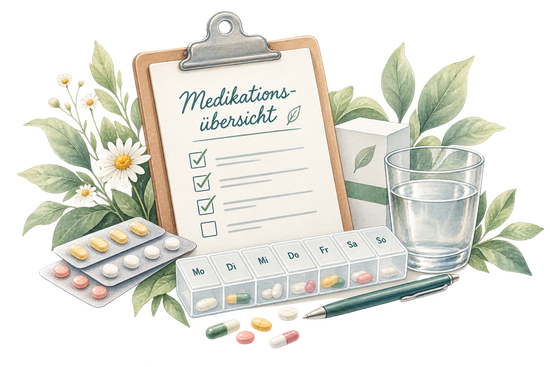 Medikamentenliste auf einem Klemmbrett mit Pillenboxen, Tabletten und einem Glas Wasser, umgeben von Blättern