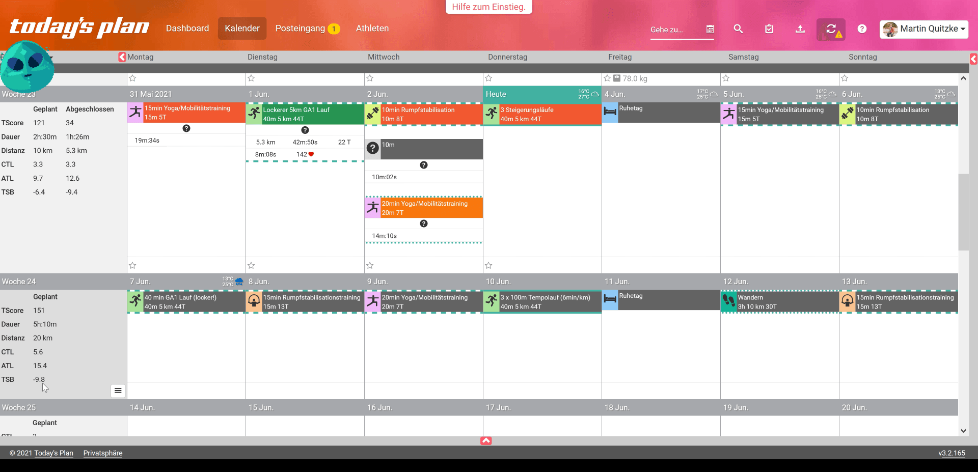 Today's Plan - Kalenderansicht mit geplanten und abgeschlossenen Einheiten Today's Plan - Kalenderansicht mit geplanten und abgeschlossenen Einheiten