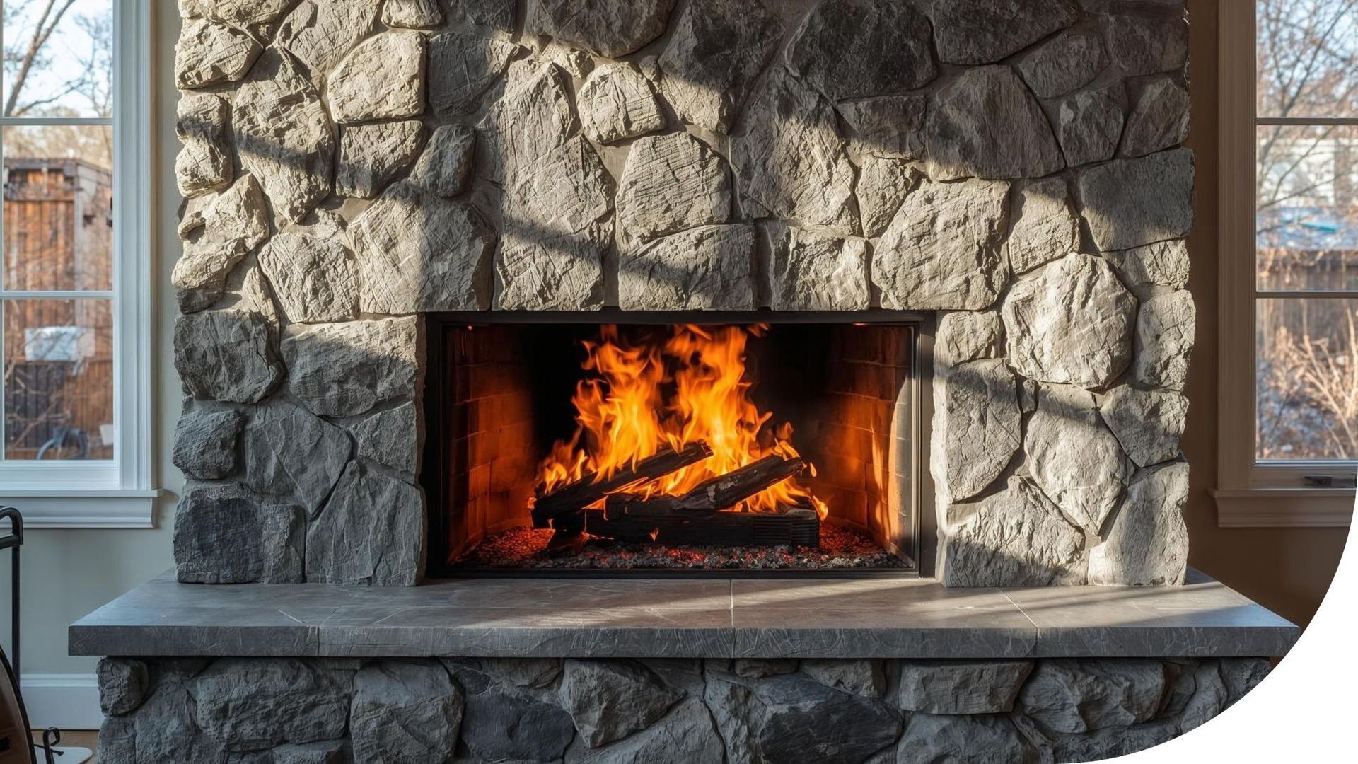 Stone fireplace with a bright crackling fire in a cozy room