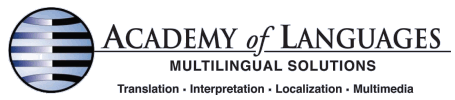 Logo for Academy of Languages, featuring a blue and white globe icon next to the company name and services text.