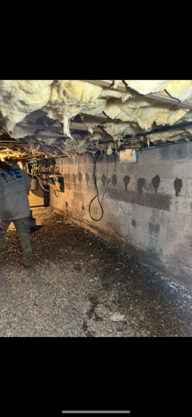 A person stands in a crawlspace with fiberglass insulation hanging from floor joists above a cinder block foundation wall.