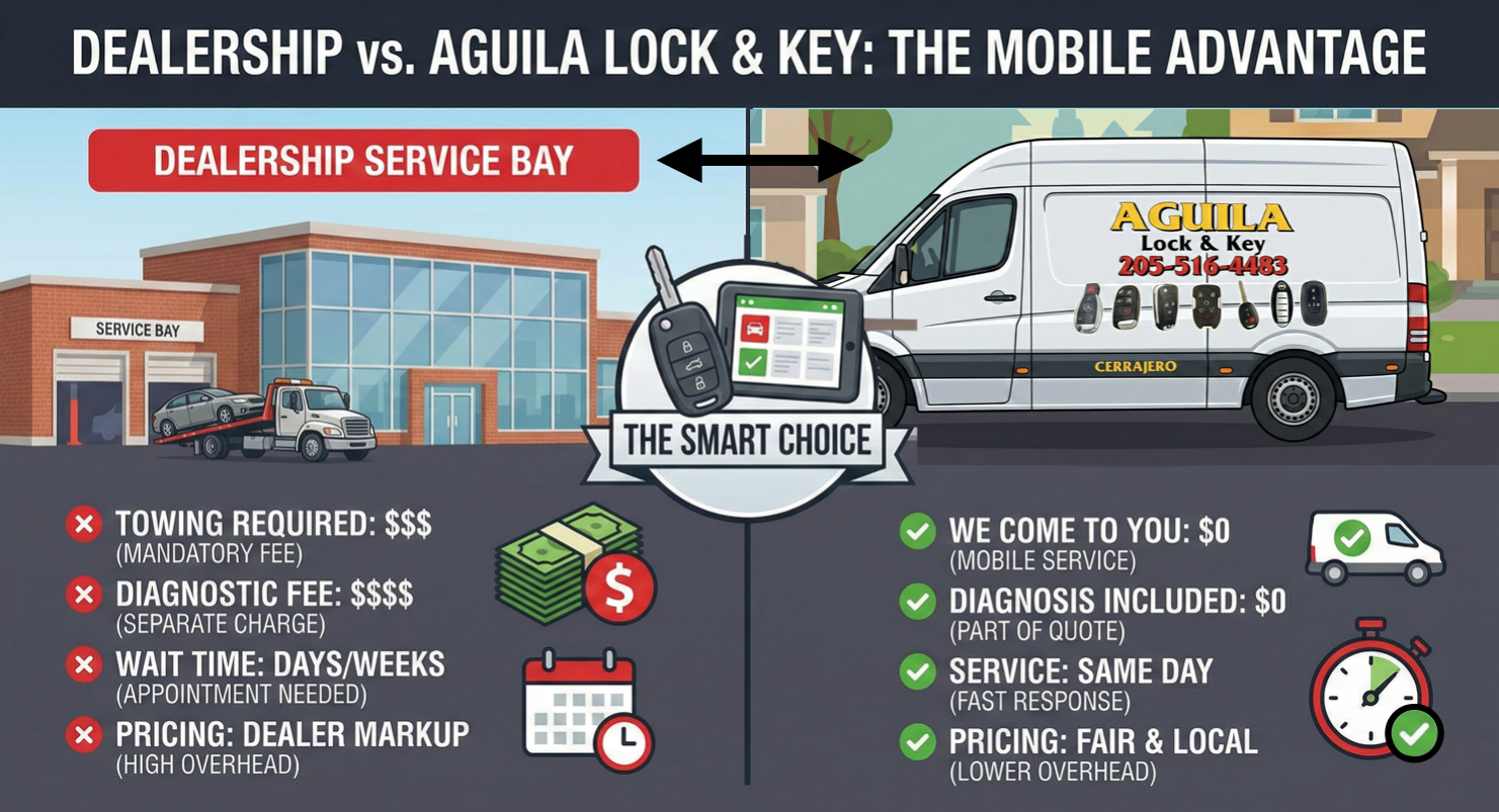 Comparison of a dealership service bay versus a mobile locksmith service, showcasing advantages like speed and fair pricing.
