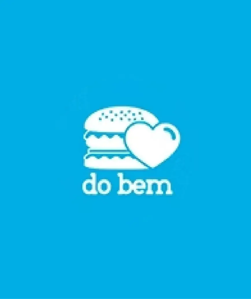 Logotipo de hambúrguer branco e coração com as palavras “do bem” em um fundo azul.