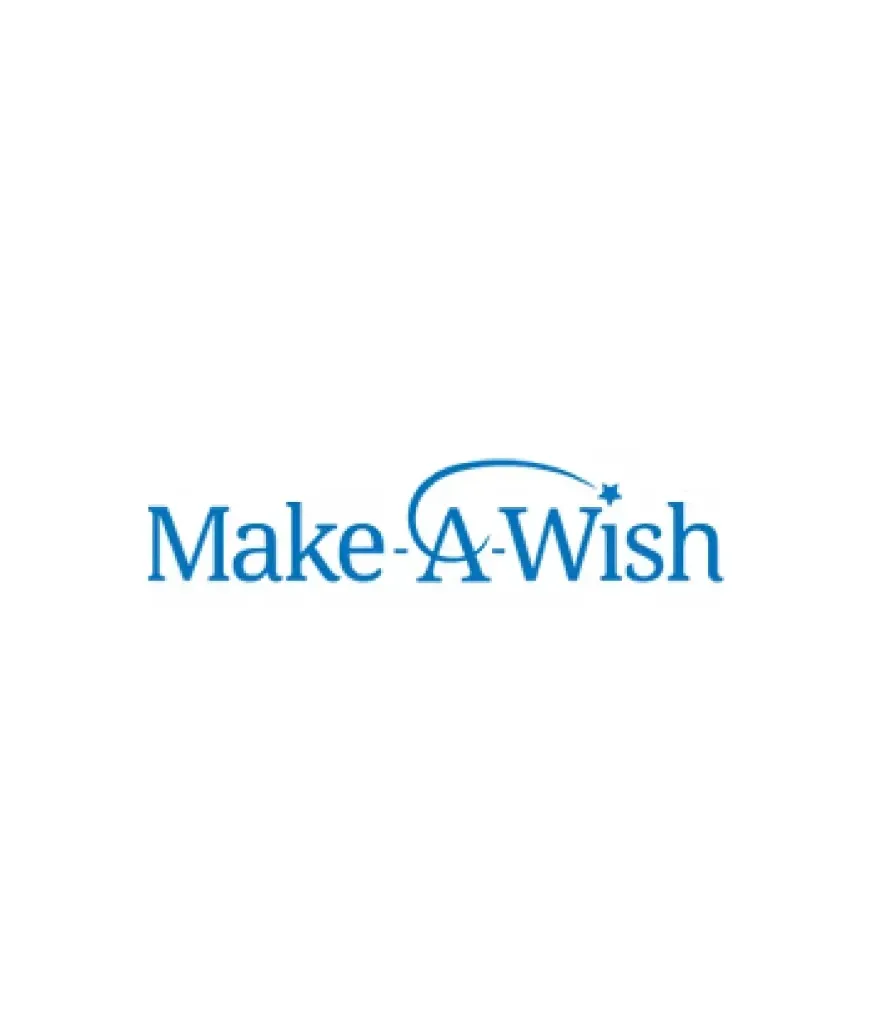 Logotipo da Make-A-Wish em texto azul com um arco de estrela sobre o 