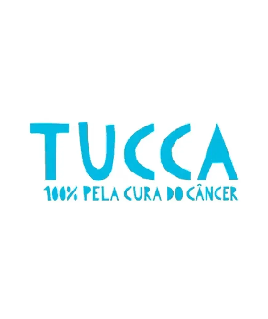 Blue “TUCCA” logo with the text “100% pela cura do câncer” on a white background