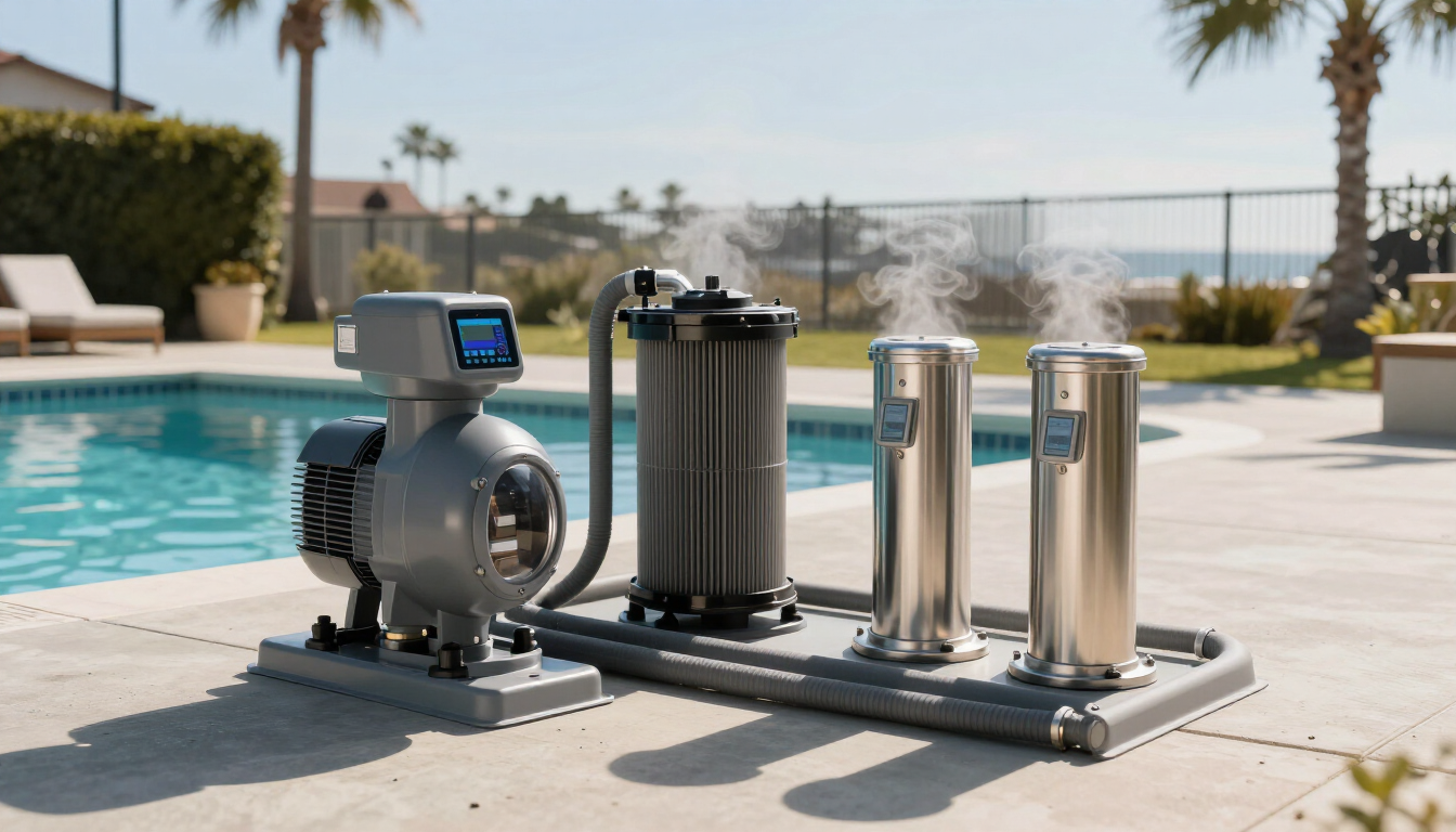 Poolside water filtration system with metal pumps and canisters beside a swimming pool